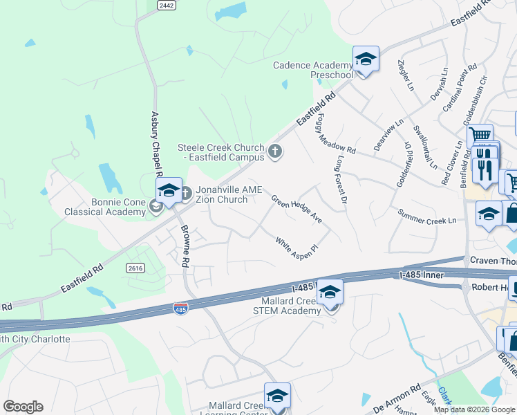 map of restaurants, bars, coffee shops, grocery stores, and more near 10431 Green Hedge Avenue in Charlotte