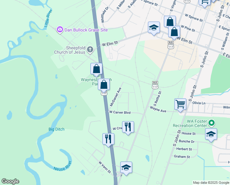 map of restaurants, bars, coffee shops, grocery stores, and more near McDaniel Avenue in Goldsboro