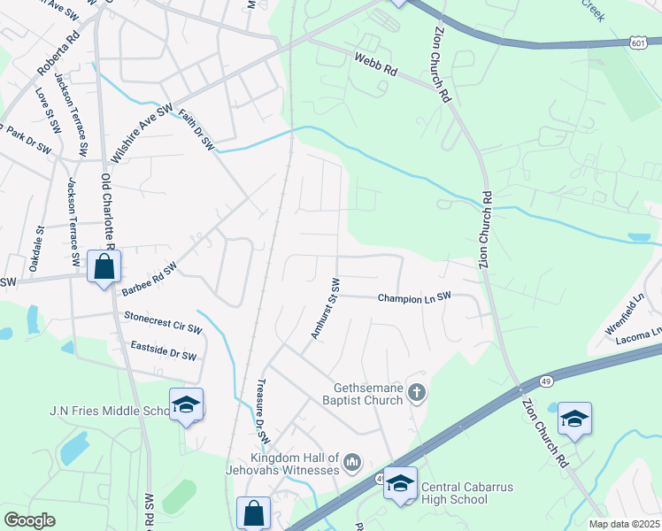 map of restaurants, bars, coffee shops, grocery stores, and more near 435 Amhurst Street Southwest in Concord