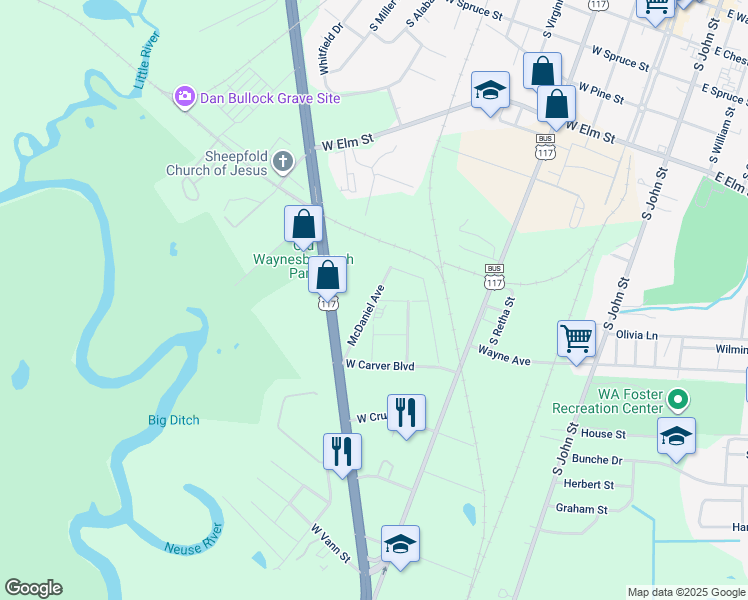 map of restaurants, bars, coffee shops, grocery stores, and more near McDaniel Avenue in Goldsboro