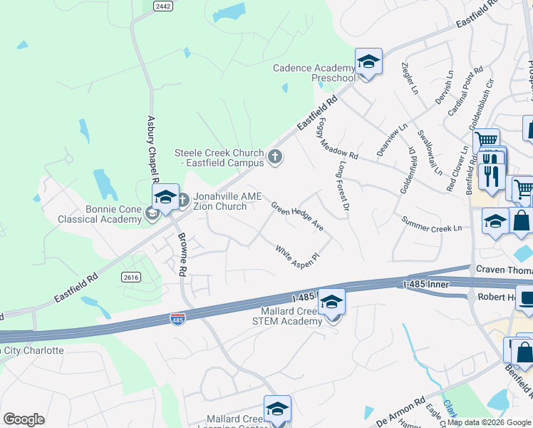 map of restaurants, bars, coffee shops, grocery stores, and more near 10431 Green Hedge Avenue in Charlotte