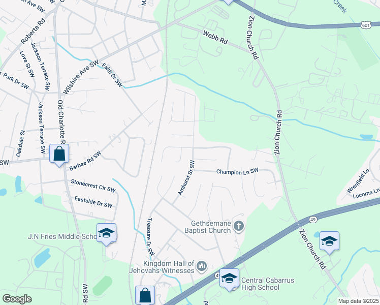 map of restaurants, bars, coffee shops, grocery stores, and more near 435 Amhurst Street Southwest in Concord