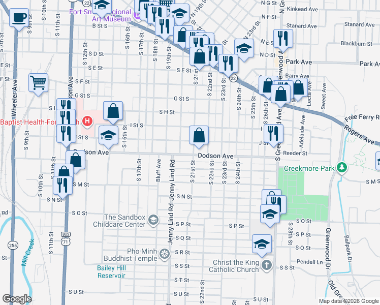 map of restaurants, bars, coffee shops, grocery stores, and more near 1101 South 20th Street in Fort Smith