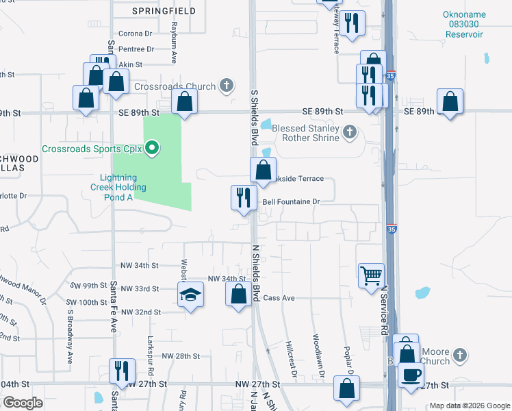 map of restaurants, bars, coffee shops, grocery stores, and more near 9328 South Shields Boulevard in Oklahoma City