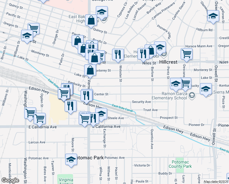 map of restaurants, bars, coffee shops, grocery stores, and more near 1024 Webster Street in Bakersfield
