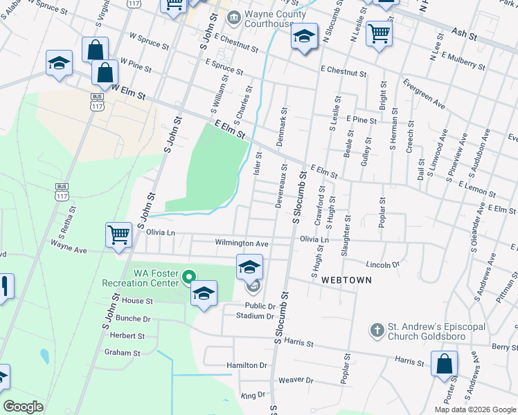 map of restaurants, bars, coffee shops, grocery stores, and more near 508 East Eason Street in Goldsboro