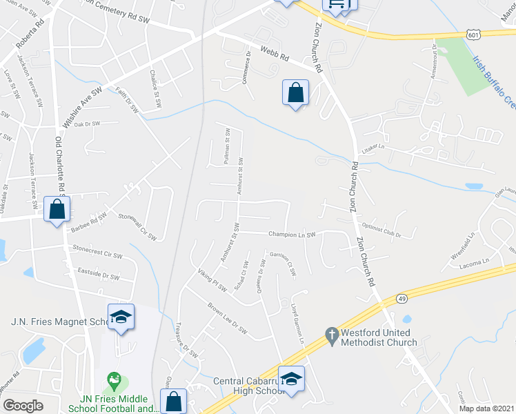 map of restaurants, bars, coffee shops, grocery stores, and more near 3020 Rockingham Court Southwest in Concord