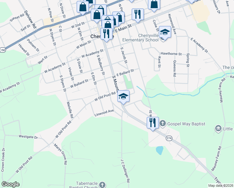 map of restaurants, bars, coffee shops, grocery stores, and more near 500 South Mountain Street in Cherryville