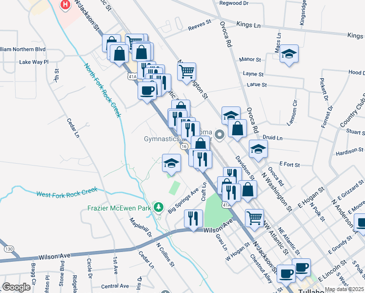 map of restaurants, bars, coffee shops, grocery stores, and more near 1001 North Jackson Street in Tullahoma