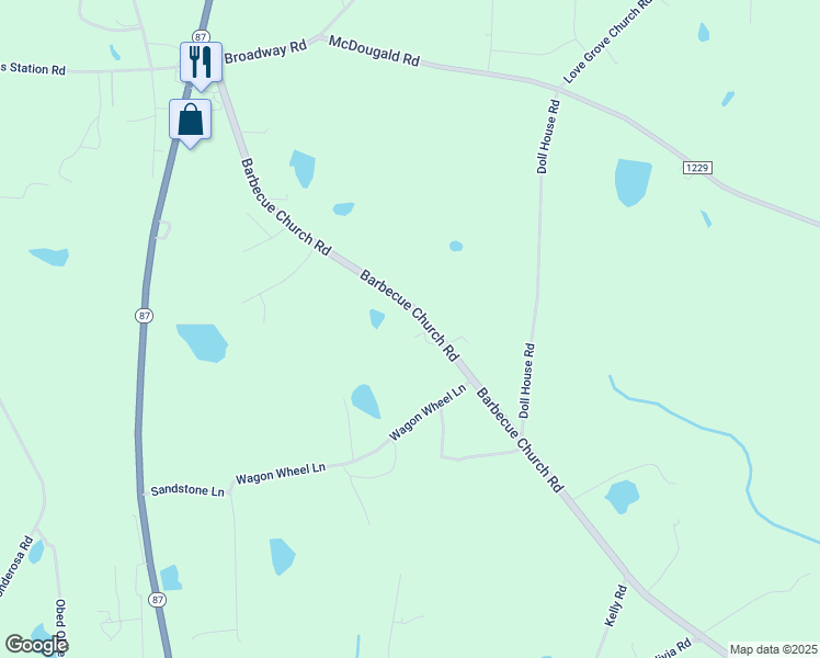 map of restaurants, bars, coffee shops, grocery stores, and more near 4455 Barbecue Church Road in Sanford