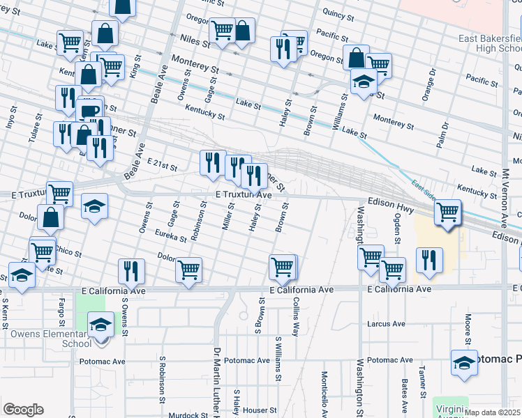 map of restaurants, bars, coffee shops, grocery stores, and more near 1325 East Truxtun Avenue in Bakersfield