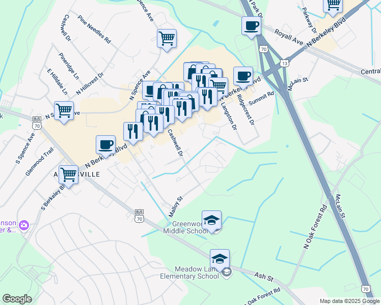 map of restaurants, bars, coffee shops, grocery stores, and more near 3103 Cashwell Drive in Goldsboro