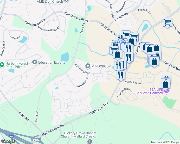 map of restaurants, bars, coffee shops, grocery stores, and more near 8623 Carolina Lily Lane in Charlotte