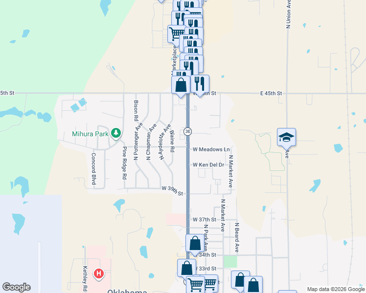 map of restaurants, bars, coffee shops, grocery stores, and more near 4007 North Kickapoo Avenue in Shawnee