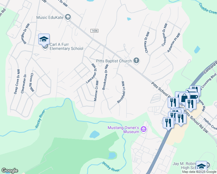 map of restaurants, bars, coffee shops, grocery stores, and more near 5805 Rocky Trace Court Northwest in Concord