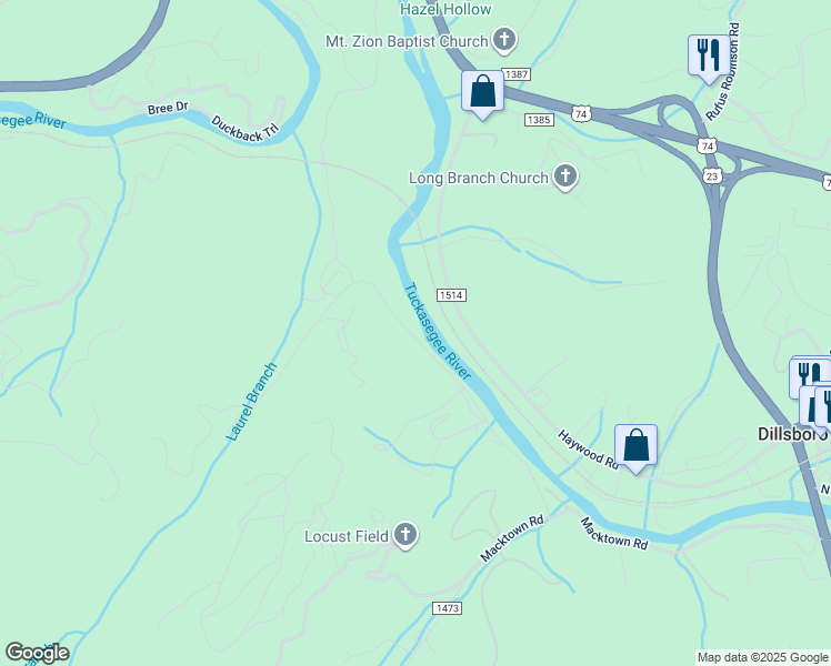 map of restaurants, bars, coffee shops, grocery stores, and more near 462 Tunnel Mountain Road in Sylva