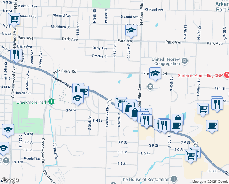 map of restaurants, bars, coffee shops, grocery stores, and more near 1112 Tancred Street in Fort Smith