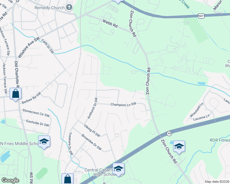 map of restaurants, bars, coffee shops, grocery stores, and more near 3049 Rockingham Court Southwest in Concord