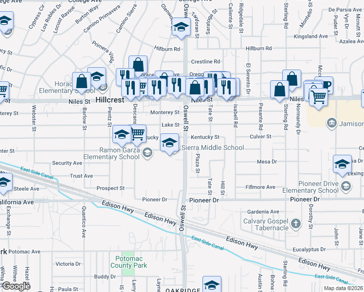 map of restaurants, bars, coffee shops, grocery stores, and more near 1020 Oswell Street in Bakersfield