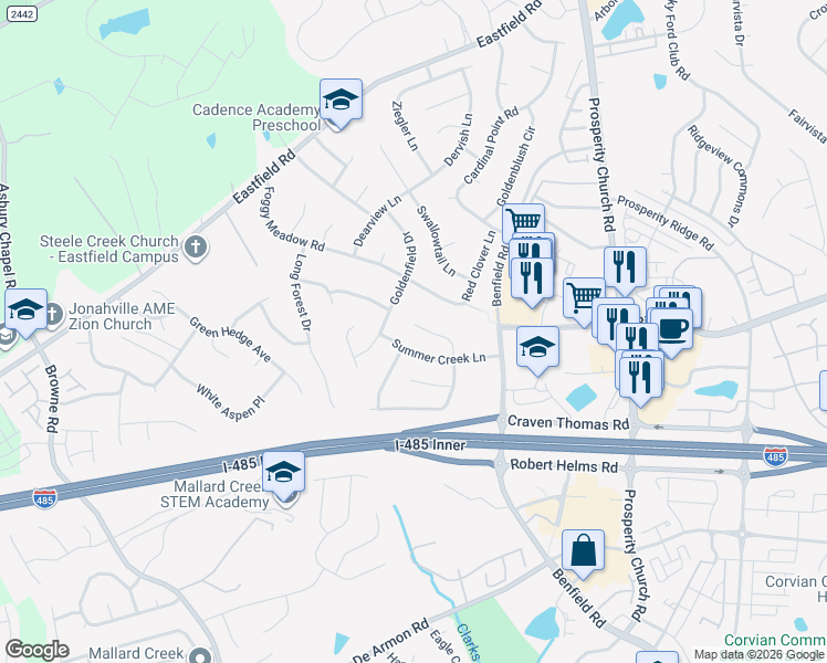 map of restaurants, bars, coffee shops, grocery stores, and more near 6043 Shining Oak Lane in Charlotte