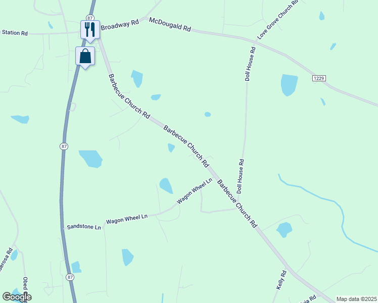 map of restaurants, bars, coffee shops, grocery stores, and more near 4455 Barbecue Church Road in Sanford
