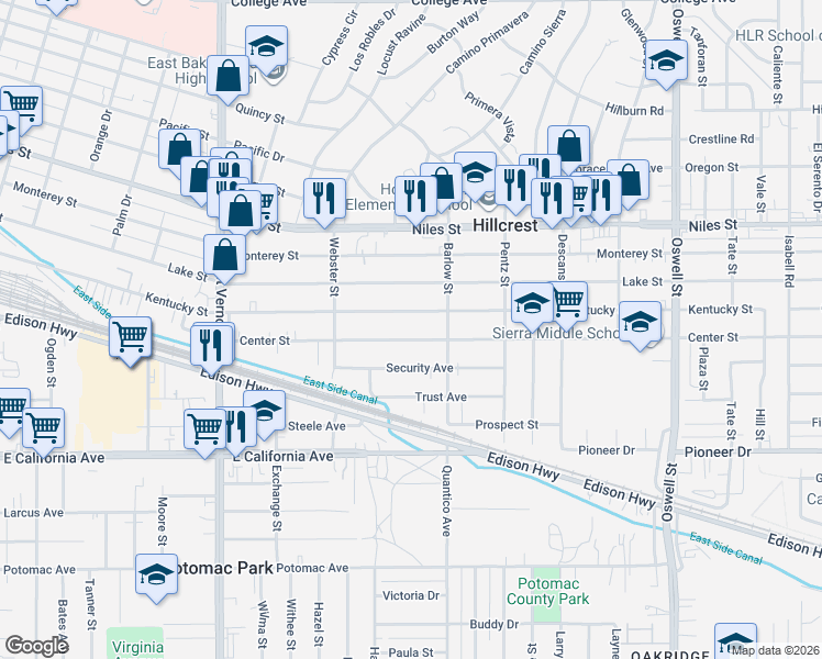 map of restaurants, bars, coffee shops, grocery stores, and more near 2634 Center Street in Bakersfield