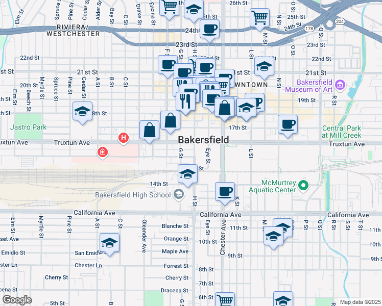 map of restaurants, bars, coffee shops, grocery stores, and more near 1717 Truxtun Avenue in Bakersfield