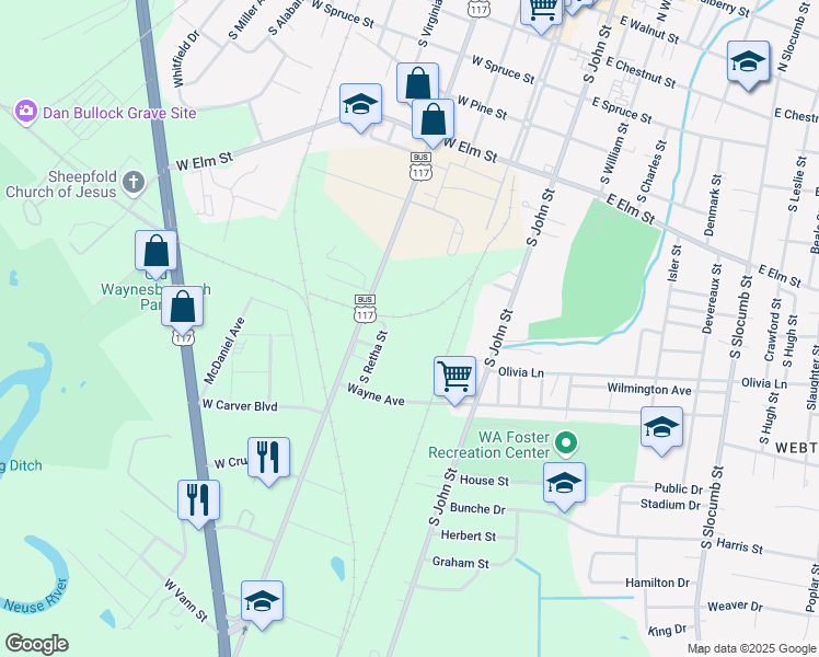 map of restaurants, bars, coffee shops, grocery stores, and more near 706 South George Street in Goldsboro
