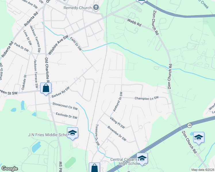 map of restaurants, bars, coffee shops, grocery stores, and more near 2915 Rockingham Court Southwest in Concord