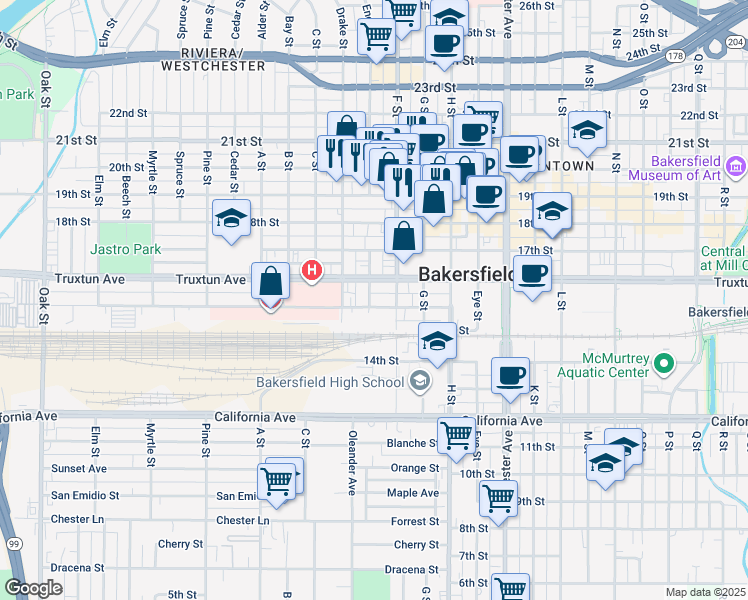 map of restaurants, bars, coffee shops, grocery stores, and more near 2005 Truxtun Avenue in Bakersfield