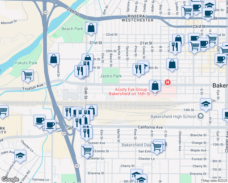 map of restaurants, bars, coffee shops, grocery stores, and more near 2801 Truxtun Avenue in Bakersfield