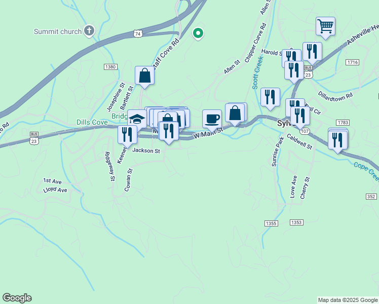 map of restaurants, bars, coffee shops, grocery stores, and more near 134 East Jackson Street in Sylva