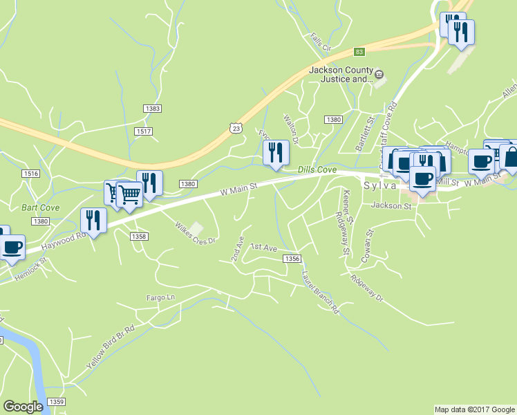map of restaurants, bars, coffee shops, grocery stores, and more near 332 2nd Avenue in Sylva