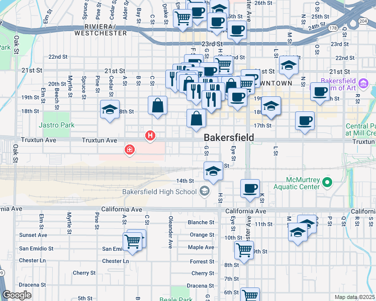 map of restaurants, bars, coffee shops, grocery stores, and more near 1914 16th Street in Bakersfield
