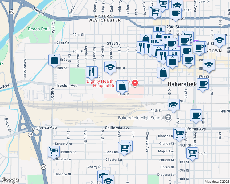 map of restaurants, bars, coffee shops, grocery stores, and more near 2401 Truxtun Avenue in Bakersfield