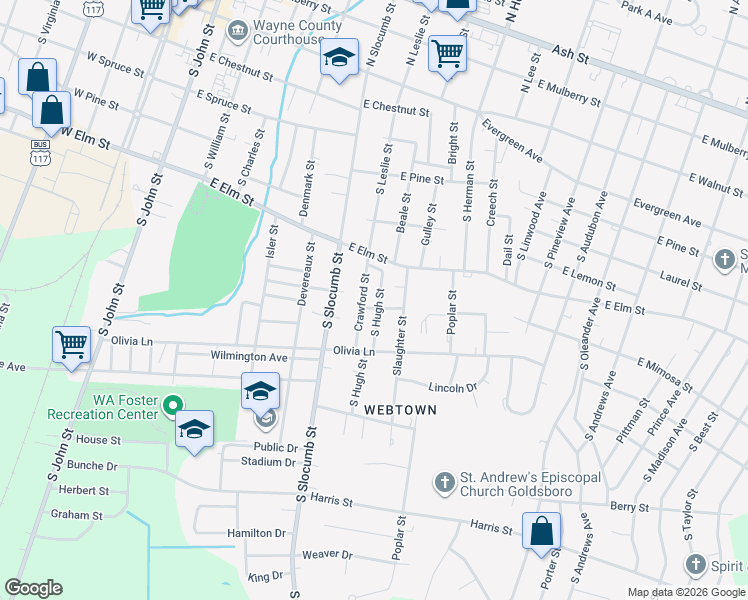 map of restaurants, bars, coffee shops, grocery stores, and more near 608 Hugh Street in Goldsboro