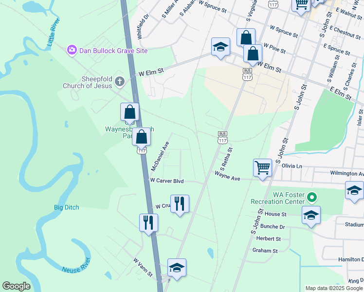 map of restaurants, bars, coffee shops, grocery stores, and more near 306 West Robson Circle in Goldsboro