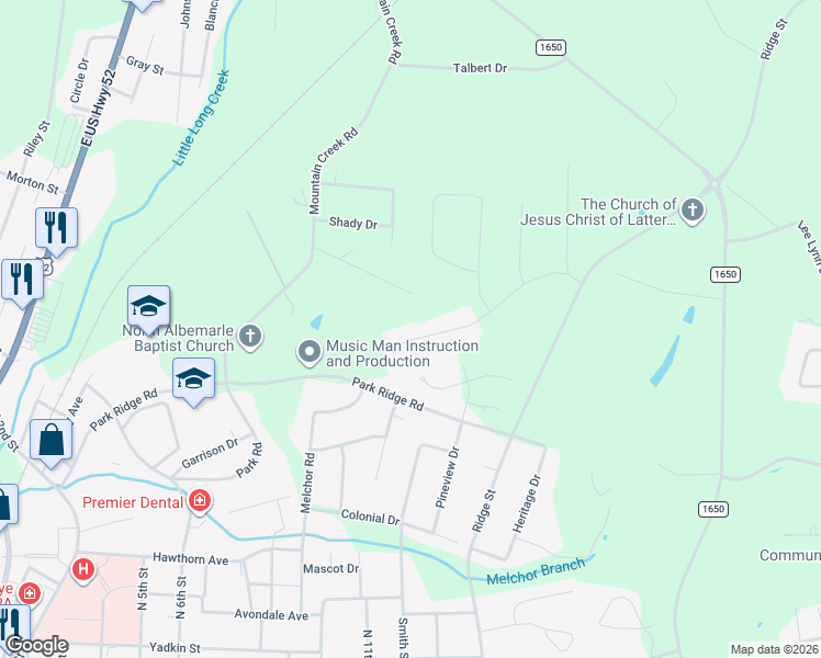 map of restaurants, bars, coffee shops, grocery stores, and more near 801 Lafayette Dr in Albemarle