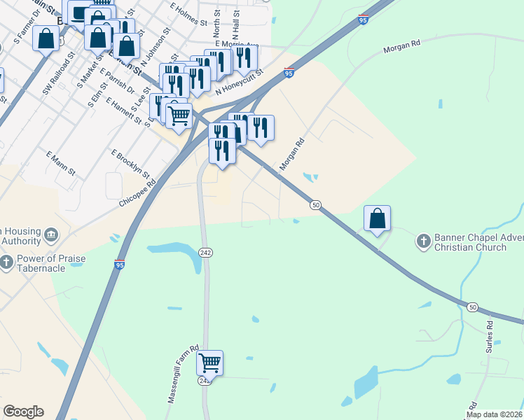 map of restaurants, bars, coffee shops, grocery stores, and more near 1008 East Maplewood Drive in Benson