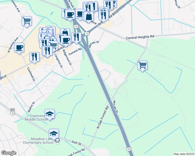 map of restaurants, bars, coffee shops, grocery stores, and more near 6006 Summit Road in Goldsboro