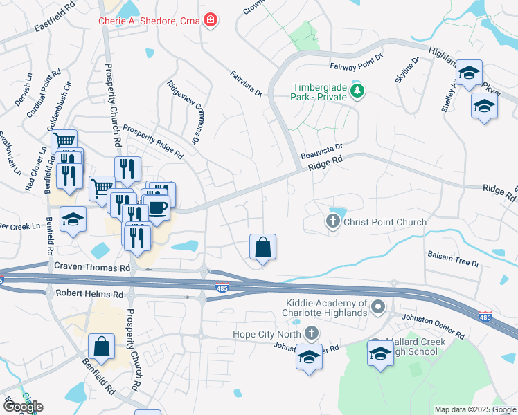 map of restaurants, bars, coffee shops, grocery stores, and more near 5917 Waverly Lynn Lane in Charlotte