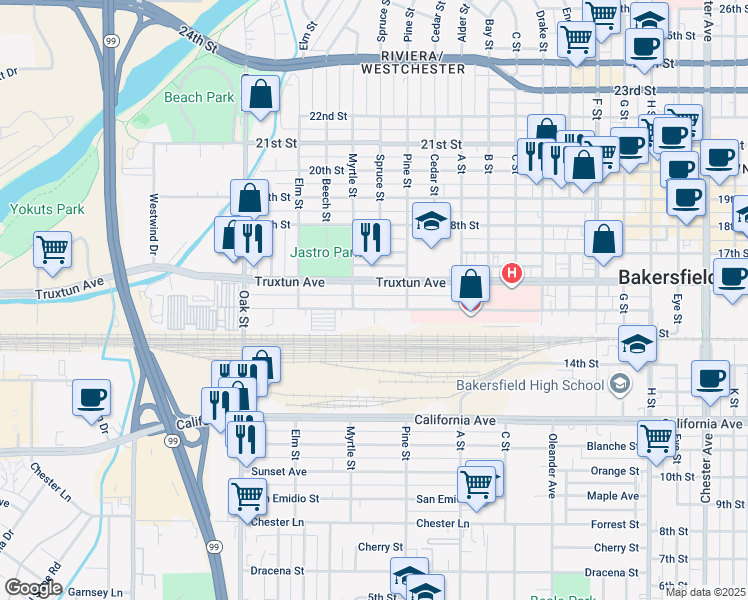 map of restaurants, bars, coffee shops, grocery stores, and more near 2621 Truxtun Avenue in Bakersfield