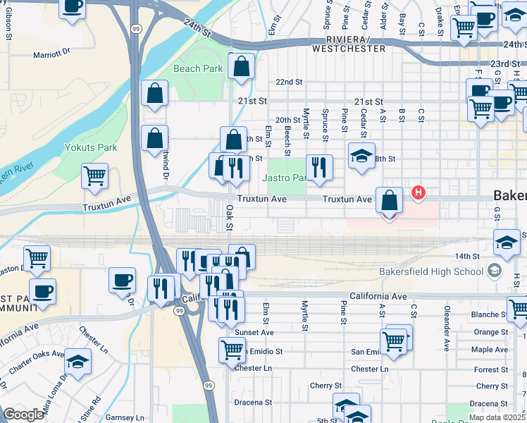 map of restaurants, bars, coffee shops, grocery stores, and more near 3013 Truxtun Avenue in Bakersfield