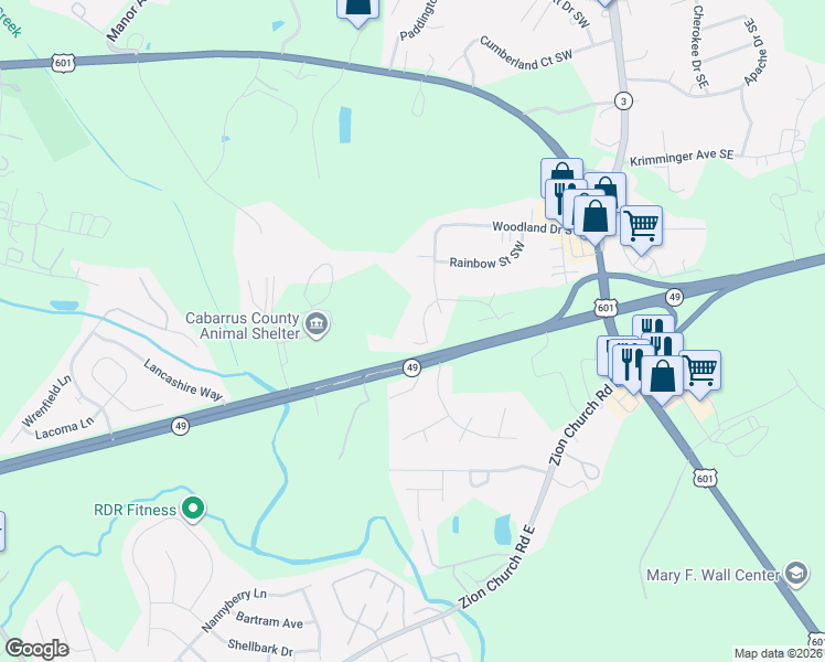 map of restaurants, bars, coffee shops, grocery stores, and more near 172 Woodland Drive Southwest in Concord