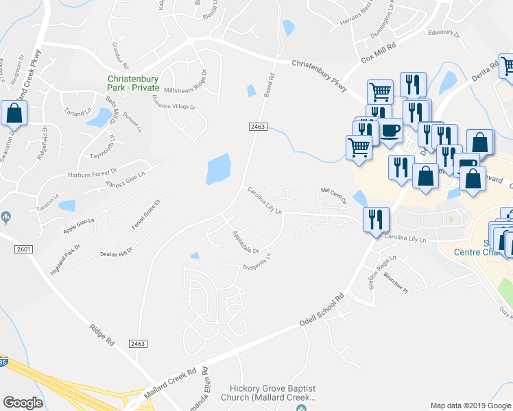 map of restaurants, bars, coffee shops, grocery stores, and more near 8470 Carolina Lily Lane in Charlotte