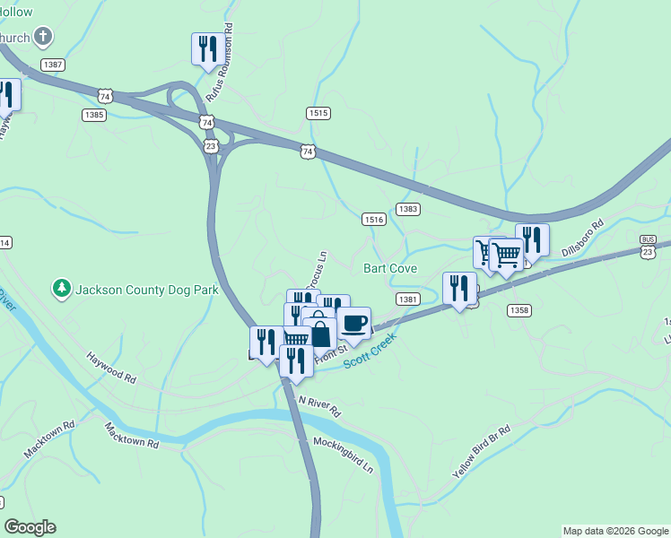 map of restaurants, bars, coffee shops, grocery stores, and more near 241 Crocus Lane in Sylva