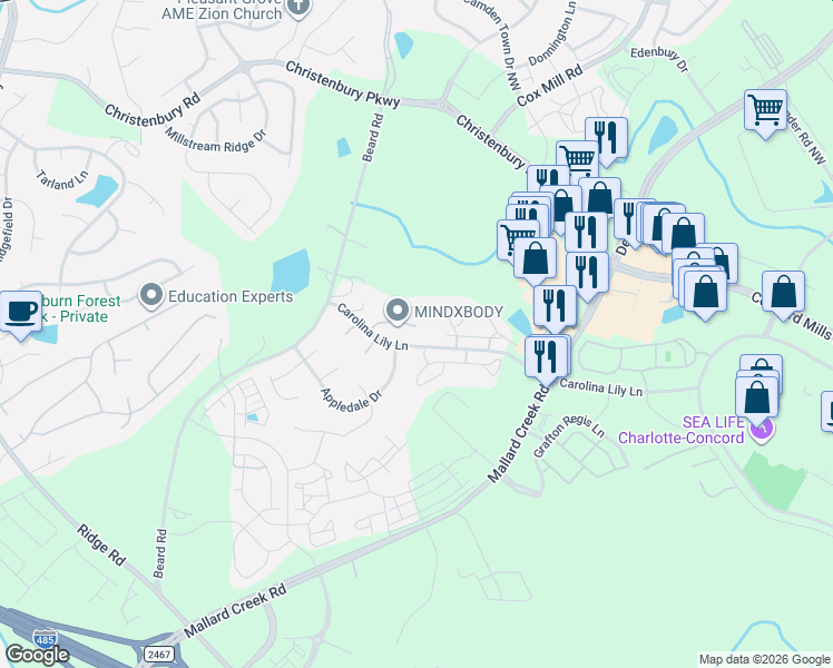 map of restaurants, bars, coffee shops, grocery stores, and more near 3558 Calpella Court in Charlotte