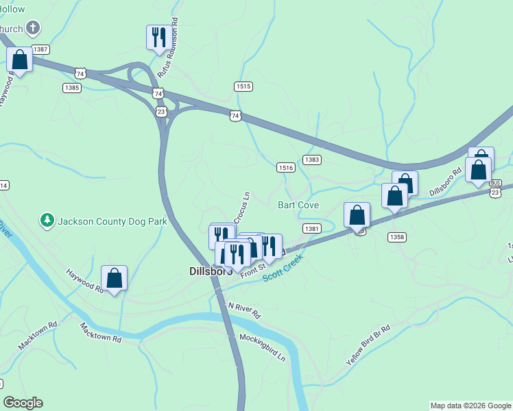 map of restaurants, bars, coffee shops, grocery stores, and more near 241 Crocus Lane in Sylva