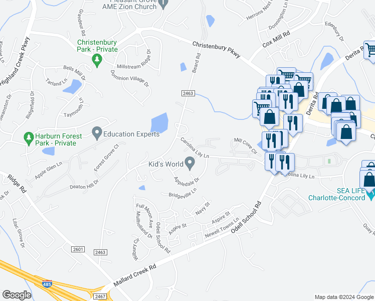 map of restaurants, bars, coffee shops, grocery stores, and more near 8470 Carolina Lily Lane in Charlotte
