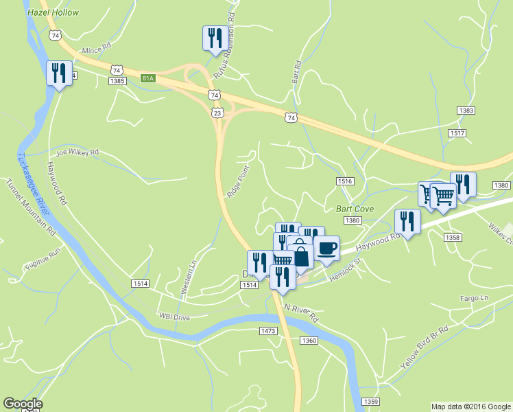 map of restaurants, bars, coffee shops, grocery stores, and more near 318 Jarrett Hills Road in Sylva